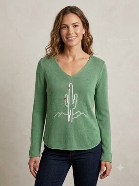 Wooden Ships Sage Green V-Neck Cactus Knit Sweater